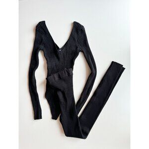 HERA COLLECTION Black Rayon Blend Ribbed Bodysuit Legging Set Bundle, Size M